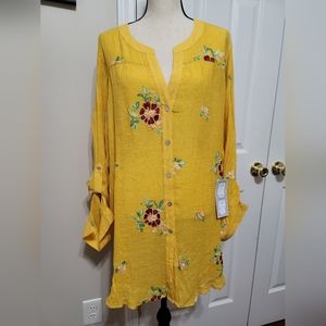 Bright yellow/gold floral embroidered blouse